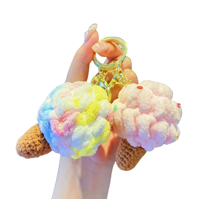 Wholesale Cute Ice Cream Cone Crochet Keychain Plush Ice Cream Keyrings Knitting Dessert Car Keys Keychain for Bag Pendant