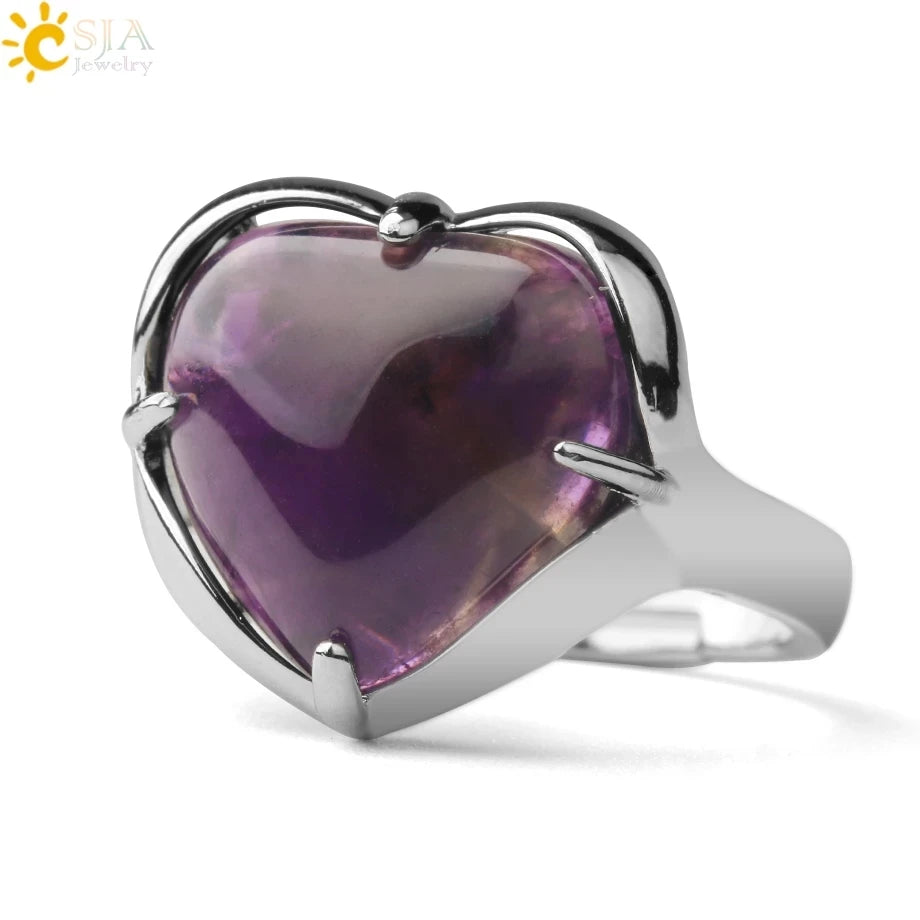 CSJA love Heart Cyrstal Ring for Women Silver Color Natural Stone Adjustable Engagement Wedding Rings G691