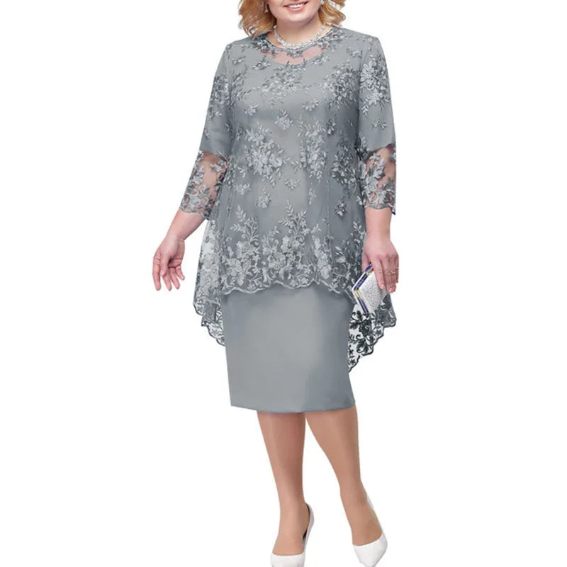 Summer Party Dresses O-neck High-waist Embroidery Lace 3/4 Sleeve Evening Midi Dress for Women 2023 Elegant Casual Dresses Print