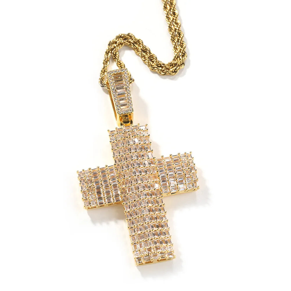 New Arrival White Gold Iced square Cz baguette Zirconia Christian Jesus Cross Diamond Pendants Bulk