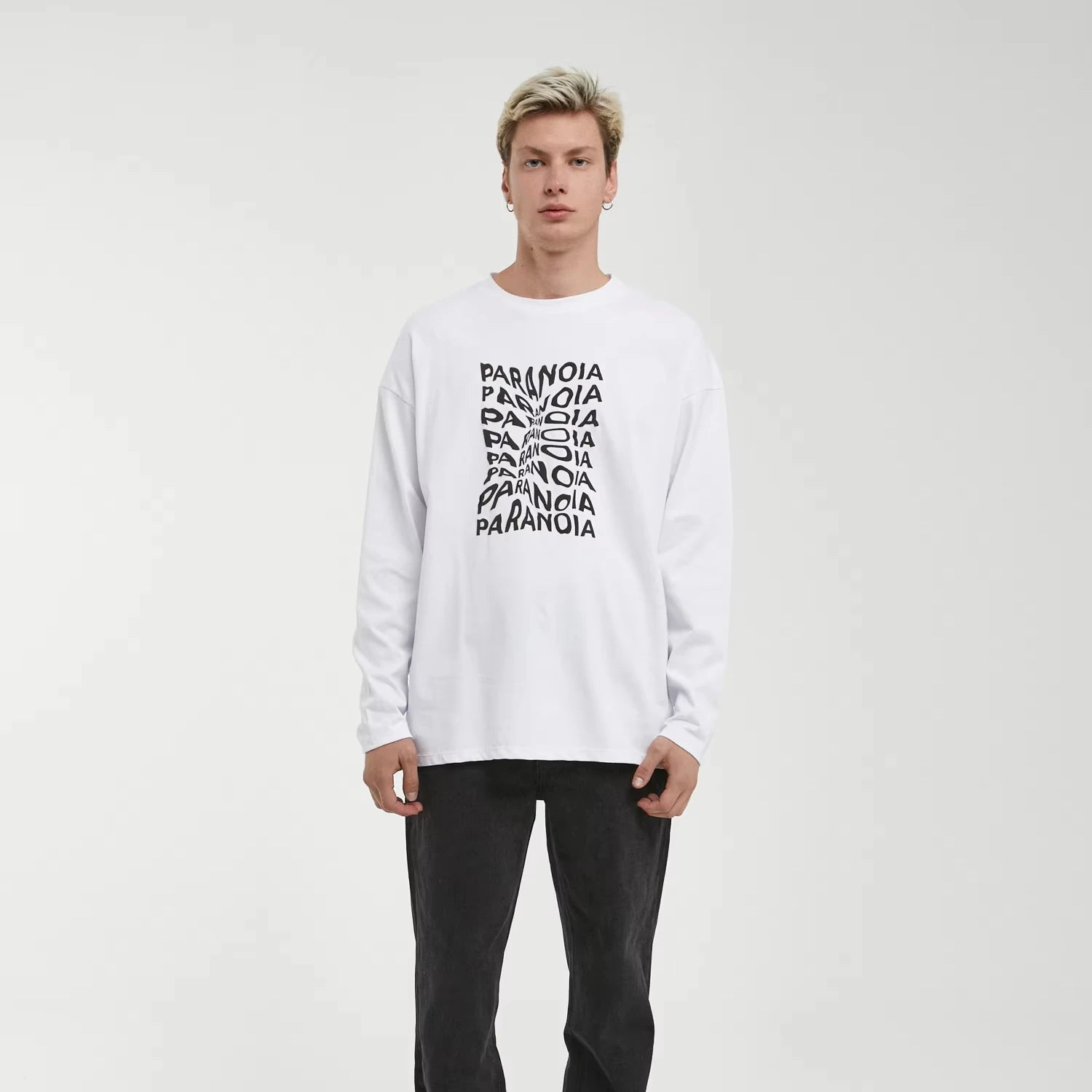 Minimalist White Oversize Eye-catching Men's Long Sleeve 100% Cotton Jersey Breathable Letter Pattern T-Shirt in Negro Size XS
