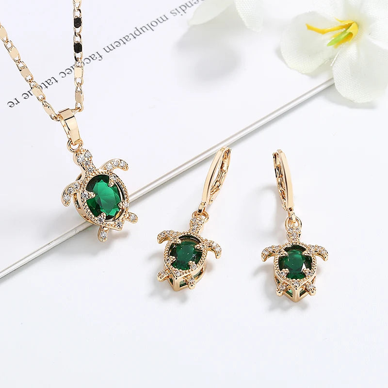 American Bisuteria Al Por Mayor Turtle Pendant Necklace Drop Earring Stone Neklase Fashion Jewelry Set for Women