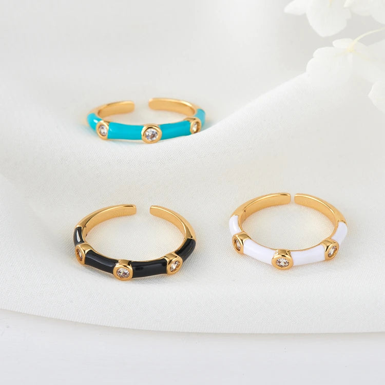 Simple White Black Green Dripping Oil 14K Gold Plated Adjustable Enamel Ring Drop Oil Brass Jewelry Rings
