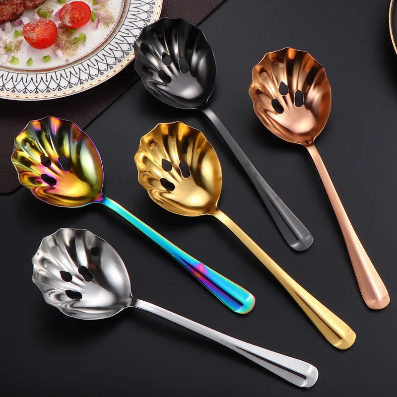 Creative 430 Stainless Steel Hammered Handle Shell Shape Coffee Spoons Home Hollow Service Spoon