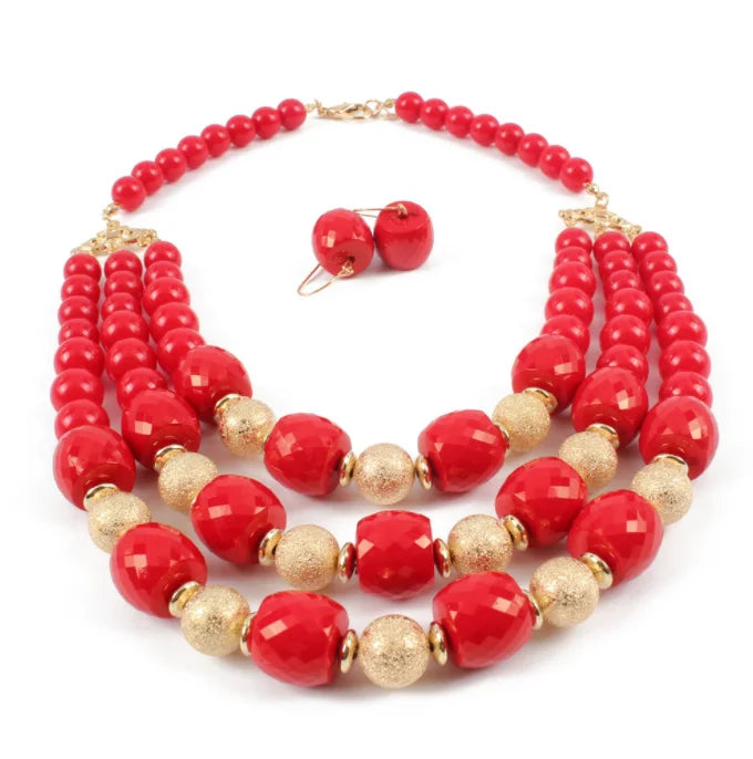 Fashion Versatile Acrylic Beads Multilayer Orange Large Size Gold Plated Short Necklace Jewelry Set Wholesalers