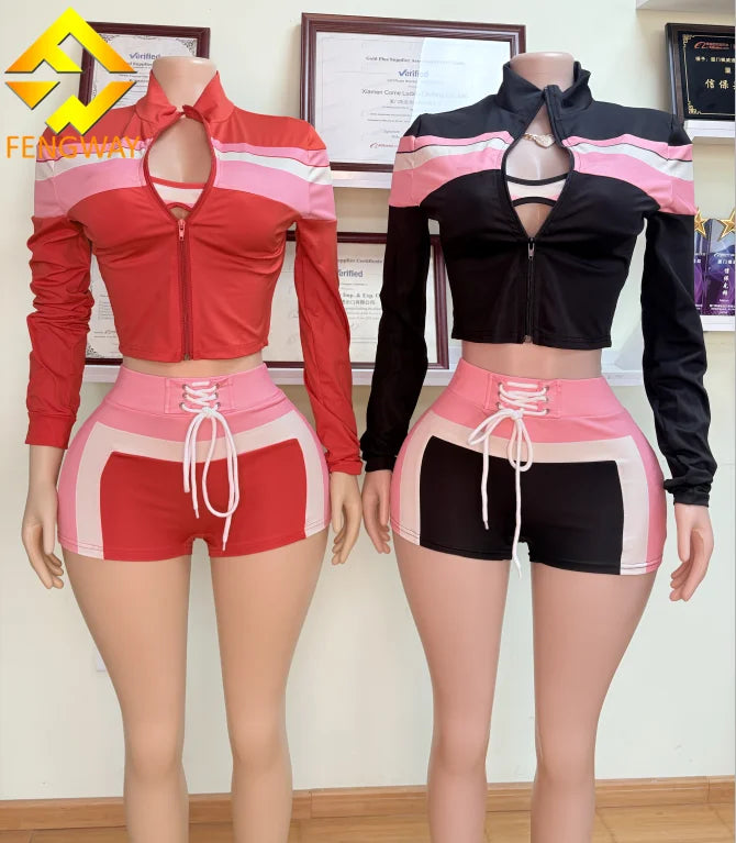 2025 New Summer Women 3 Piece Set Tracksuit Streetwear Contrast Color Sports Bra Jacket + Shorts Sets for Women Loungewear