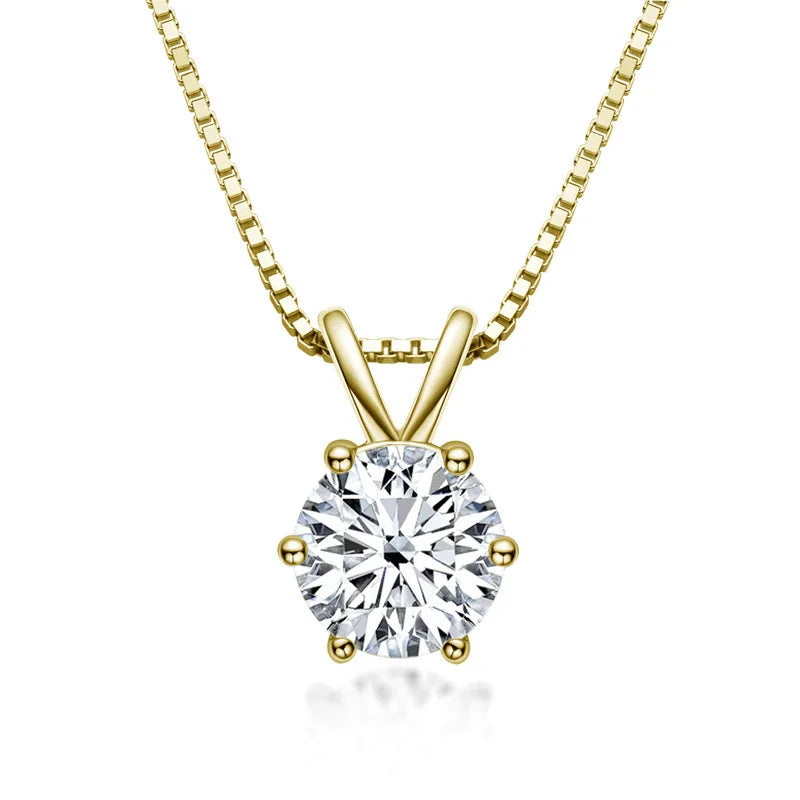 Classic Plated Gold Six Claws 925 Sterling Silver 1carat Moissanite Diamond Pendant Necklace for Women Jewelry Gift