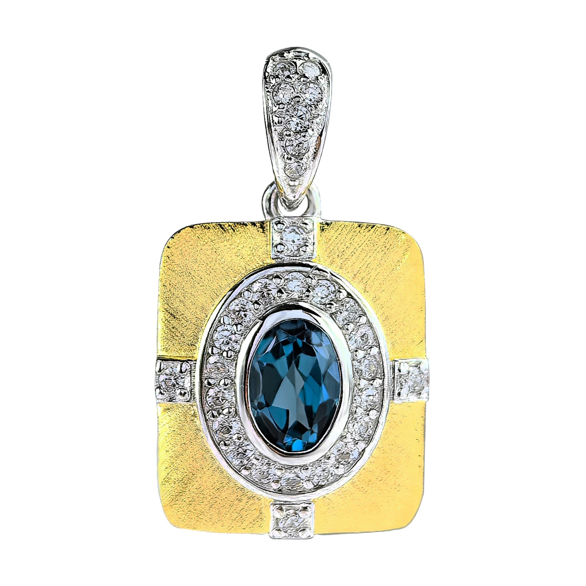 Vintage 925 Sterling Silver London Blue Topaz Pendant Rhodium and Gold Plated Anniversary Gift for Women with Charm Style