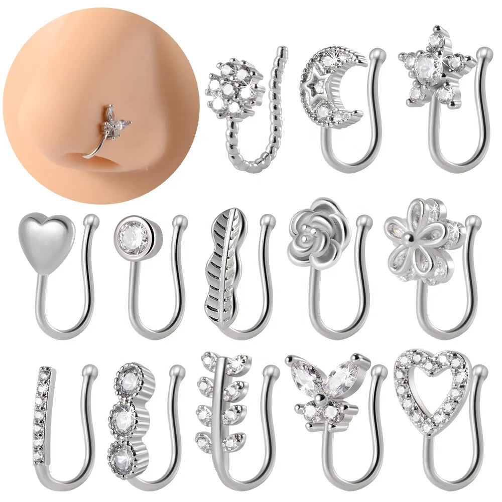 Fashion Brass Zircon Flower Star Nose Cuff Studs Plum Heart Moon Ear Clips Fake Piercing Women Girls Engagement Wedding
