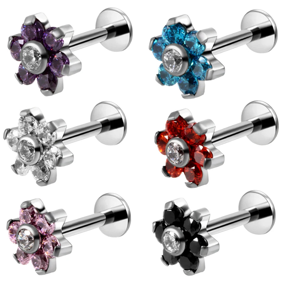 Titanium Flower Ear Tragus Cartilage Rings 16G Crystal Earring Stud Labret Stud Piercings Women Men Jewelry