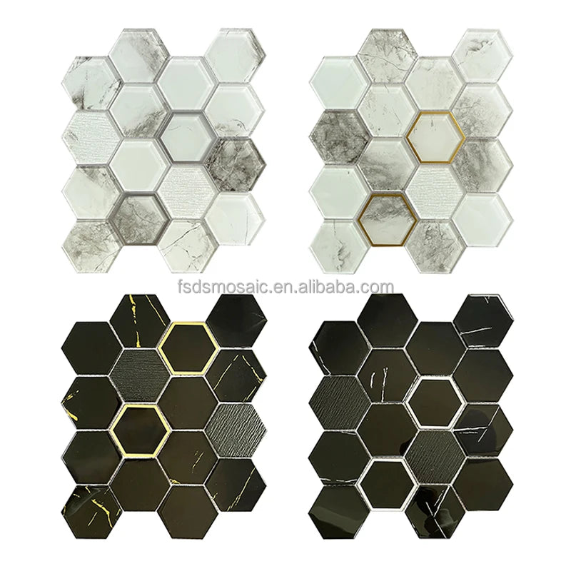 Hexagon Shape Electroplate Glossy Silver Plating Frame on Surface Backsplash Kitchen Tile Glass Mosaic