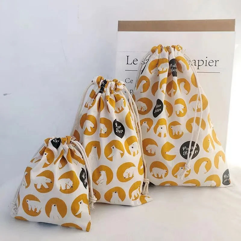 Eco Recyclable 100% Cotton Screen Printed Flowers Drawstring Bag Journey Underwear Buggy Jewelry Logo Packing
