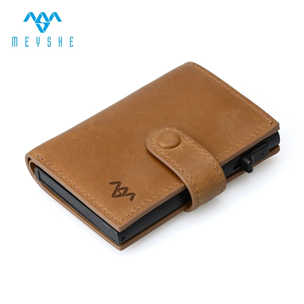 Factory Custom Crazy Horse Genuine Leather RFID Blocking Metal Pop up Card Holder Wallet