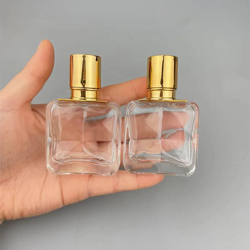 Custom Box logo Luxury Packaging 30ml clear Color Gold Top Lid Screw Neck Glass Spray Refill Bottle Perfume