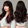 Skunk Stripe Body Wave Long Wavy Synthetic Hair Wig for Women Highlight Synthetic Wig with Bangs Natural Looking Realistic Wig