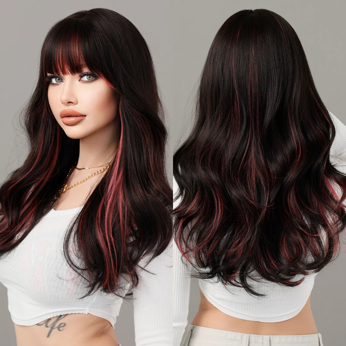 Skunk Stripe Body Wave Long Wavy Synthetic Hair Wig for Women Highlight Synthetic Wig with Bangs Natural Looking Realistic Wig