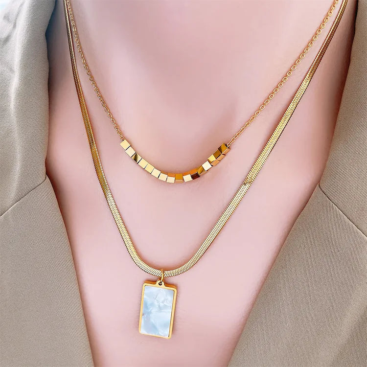 Vintage Engagement Anniversary Wedding Party Square Clavicle Chain Titanium Plated Alloy Women's Jewelry Set Trendy Double Layer