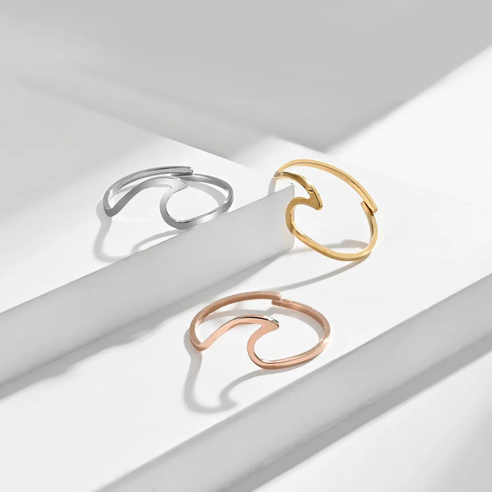 Moge Jewelry Ladies Minimalist 1MM Stainless Steel Wave Ring Rose Gold Plated Tail Resizable Rings Women