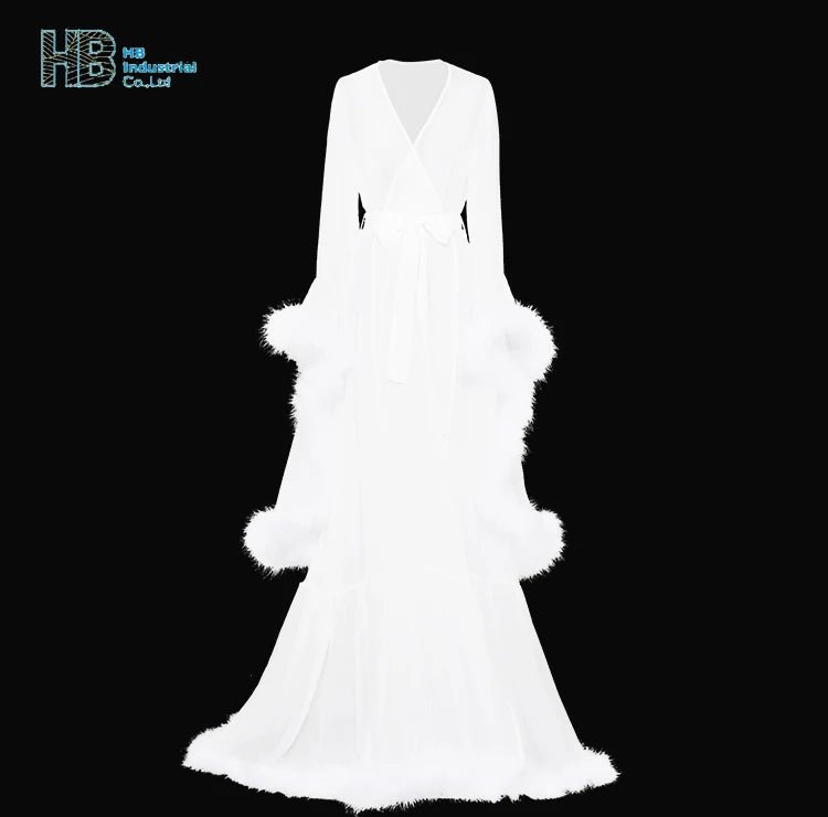 White 8196 Silk Full Sleeve Bridal Robe Stock Bridesmaid With One Sleeve for Bride Wedding Party Feather Floor Length Bath Robe