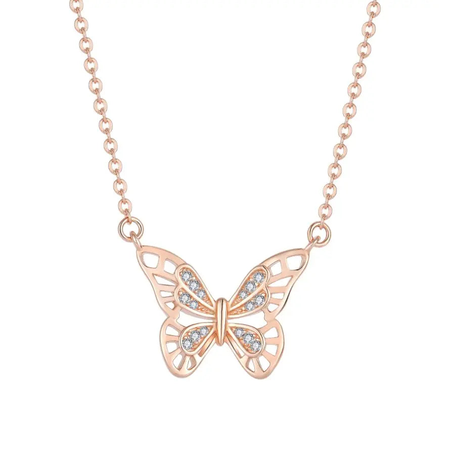 Rose Gold Plated 925 Sterling Silver Butterfly Zirconia Accent Necklace Hollow Out Design for Women's Weddings Anniversaries