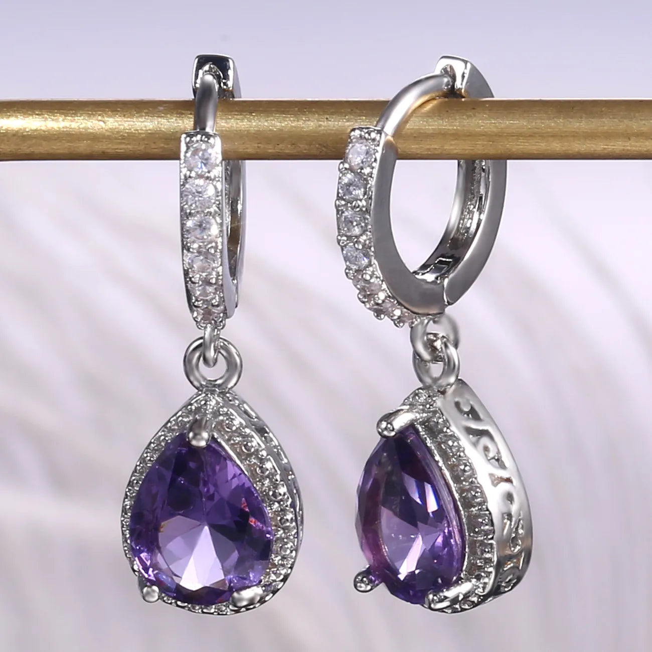 CAOSHI Jewelry Royal Purple Water Drop Earring Hollow Brilliant Carving Lady Aretes Elegant Purple Pear Dangle Earrings Women
