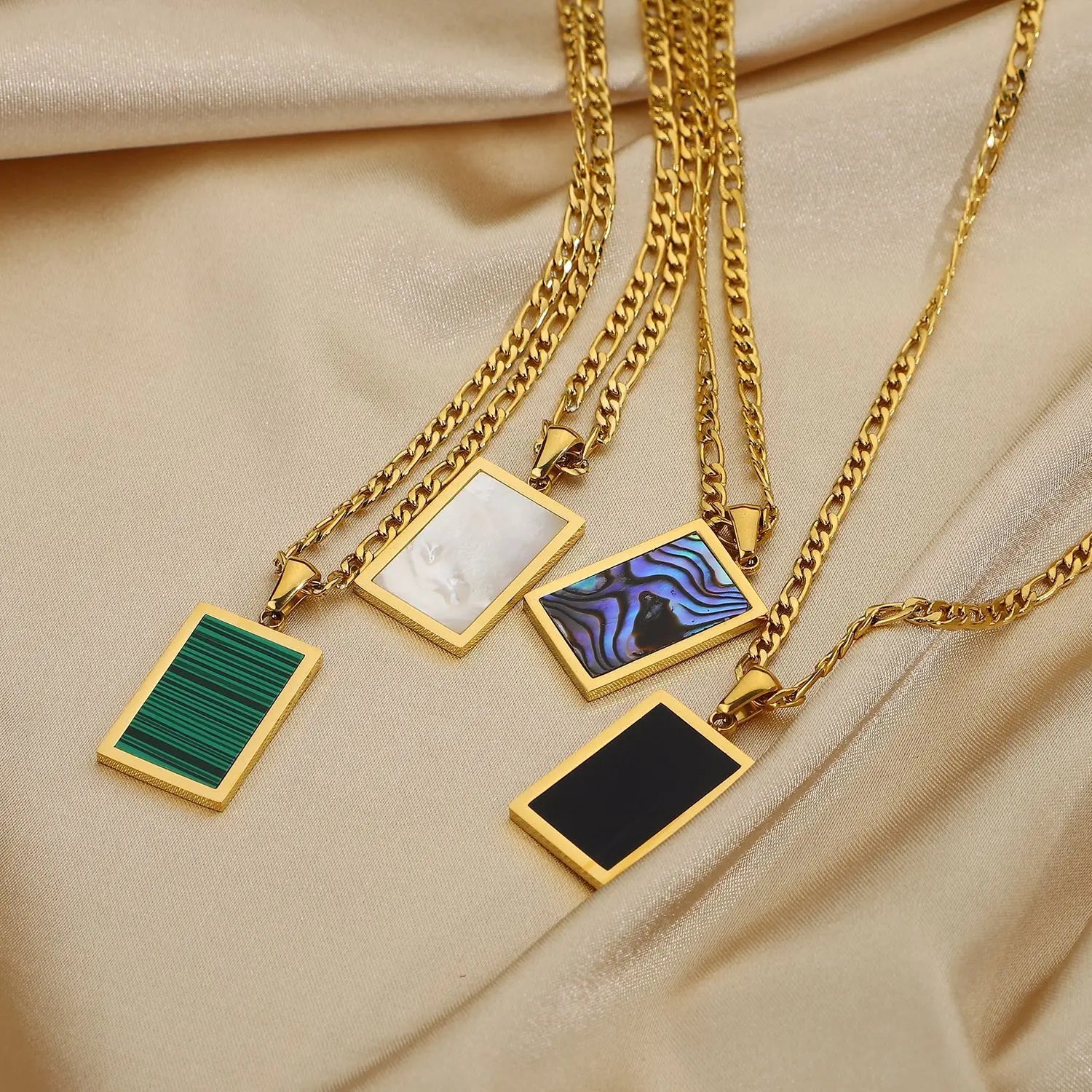 Wholesale 18K Gold Plated Stainless Steel Rectangle Abalone Malachite Onyx Turquoise Shell Pendant Necklace YF2279