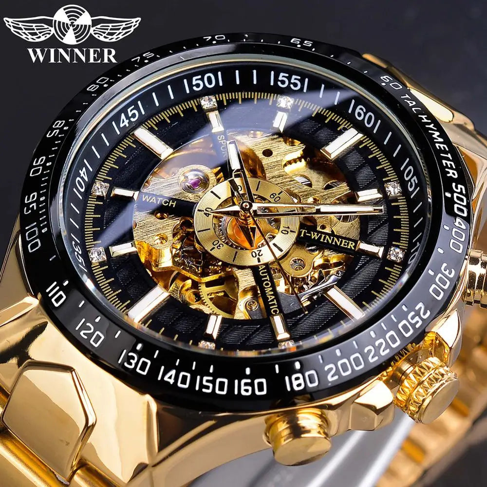 Winner 2022 Diamond Skeleton Dial Golden Automatic Watch Stainless Steel Waterproof Luminous Men Business Mechanical Wristwatch