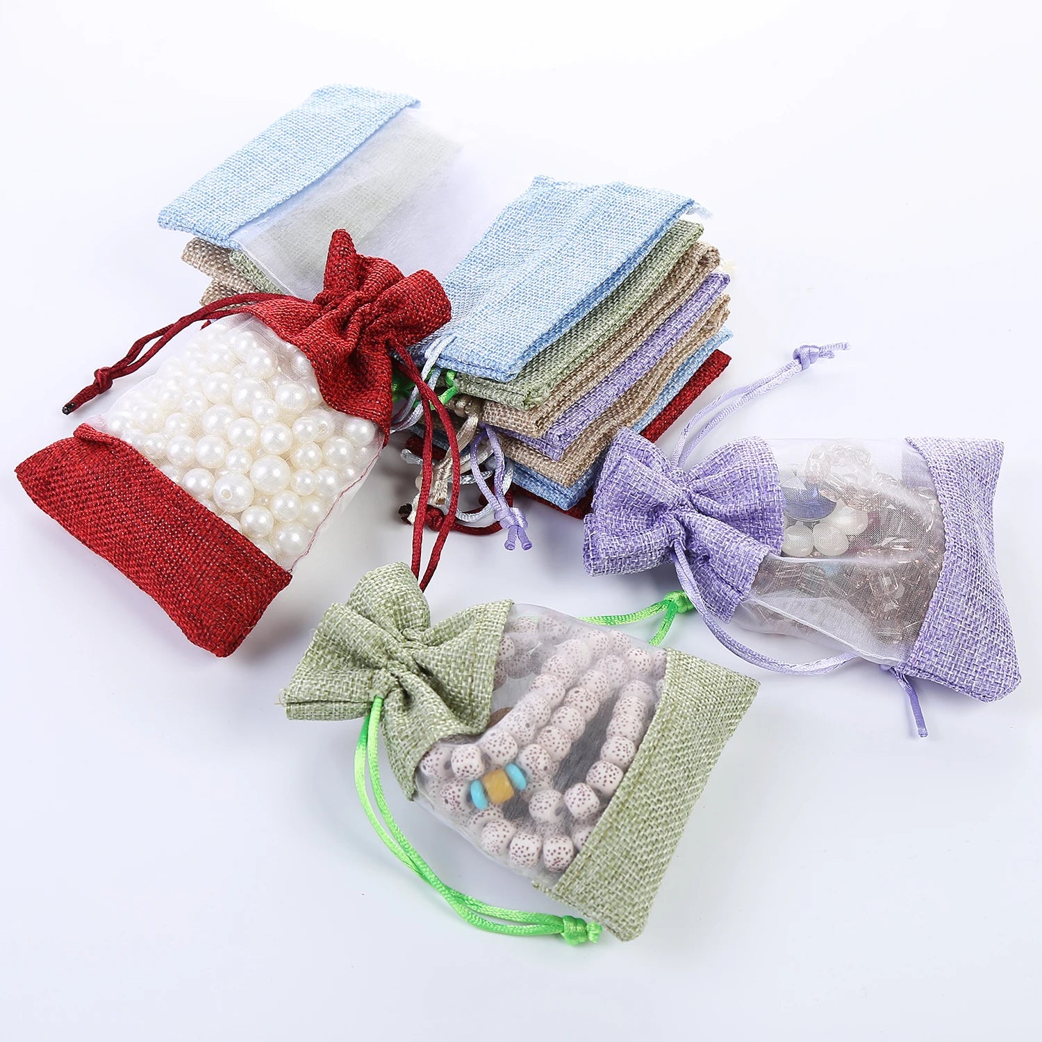 Jute Gunny Bags 10*14Cm Mini Gift Bags With Window Jute Pouches Burlap and Organza Drawstring Bags