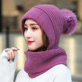 Plain Soft Slouch Women Rabbit Hair Blended Conjoined Cap Girls One Piece Winter Warm Knitted Beanie Hat Scarf Set