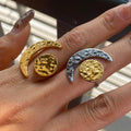 Waterproof Luxury 18k Gold Plated Women Texture Moon and Sun Stainless Steel Contrast Color Ring