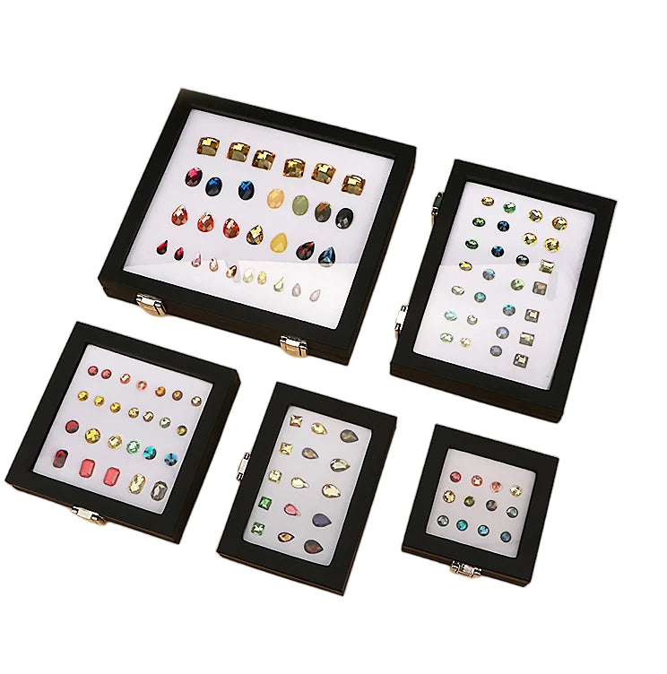 New Large Capacity Black Pu Leather Glass Cover Jewel Box Diamond Ring Surface Bare Stone Color Jewel Box Jewelry Exhibition