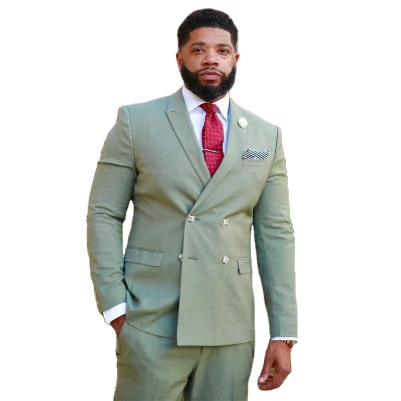 2025 Plus Size Sage Men Suits Top Lapel for Wedding Double Breasted Male Tuxedos Groom Wear Prom blazer for Man 2 Pieces Sets