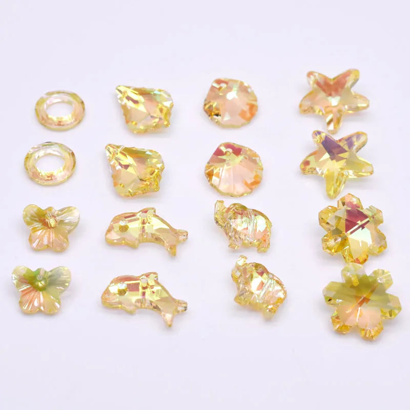 Single Hole Crystal Glass Beads Plating Yellow Color Snow Starfish Shell Butterfly Elephant Charm Pendants for Jewelry Making