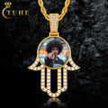 Memory Jewelry 32mm Gold Plated Brass AAAAA CZ Diamond Iced Out Hamsa Hand Custom Picture Necklace Pendant Pendant With Chain
