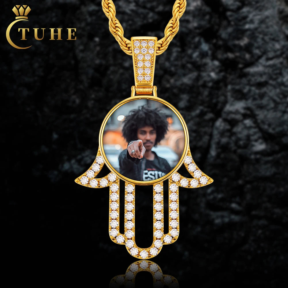 Memory Jewelry 32mm Gold Plated Brass AAAAA CZ Diamond Iced Out Hamsa Hand Custom Picture Necklace Pendant Pendant With Chain
