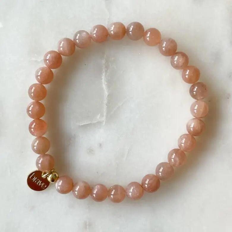 Handmade Natural Stone Beads Gemstone Sunstone Moonstone Beaded Bracelet Stacked With Logo Positive Word Tags