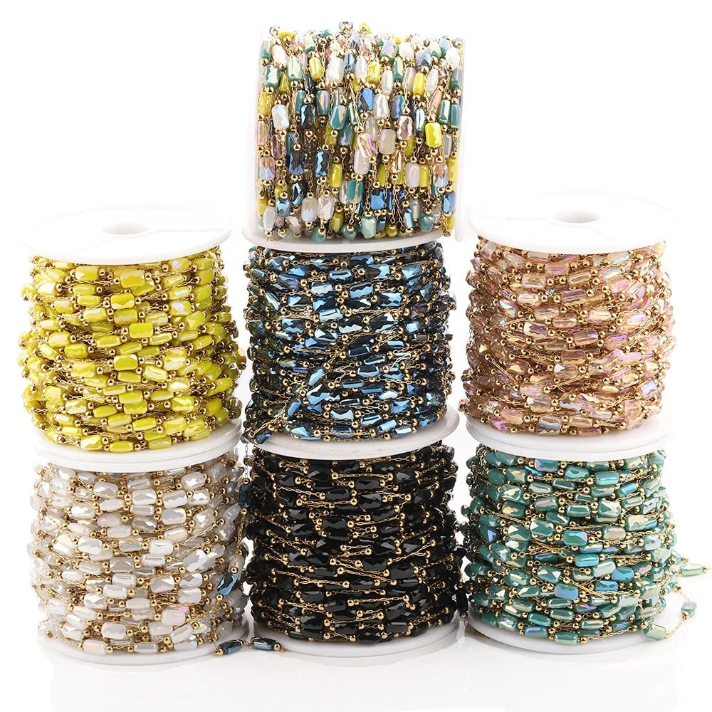 PVD Gold Plating Stainless Steel Square Glass Bead Chain Roll Crystal Beads Chain Necklace & Bracelet Making