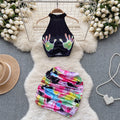 Fashion Suit Women Sleeveless Hanging Neck Printed Top Pleated Hip Skirt Two Pieces