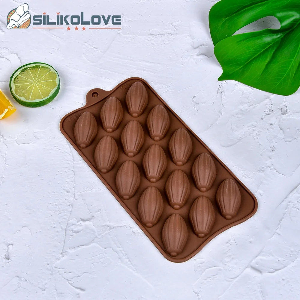 SILIKOLOVE Factory Customizable 15 Cavity Cocoa Pod Shape Chocolate Moulds LFGB Non Stick BPA Free Silicone Chocolate Molds