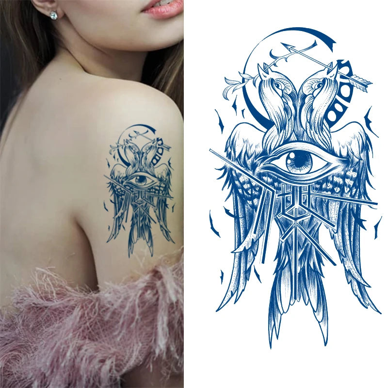BXTAT Semi Permanent Blue Genipa Juice Tattoos of Chinese Erlang Hero Goddess Text Sanscript Arrows Cat Broken Heart GZ127to132