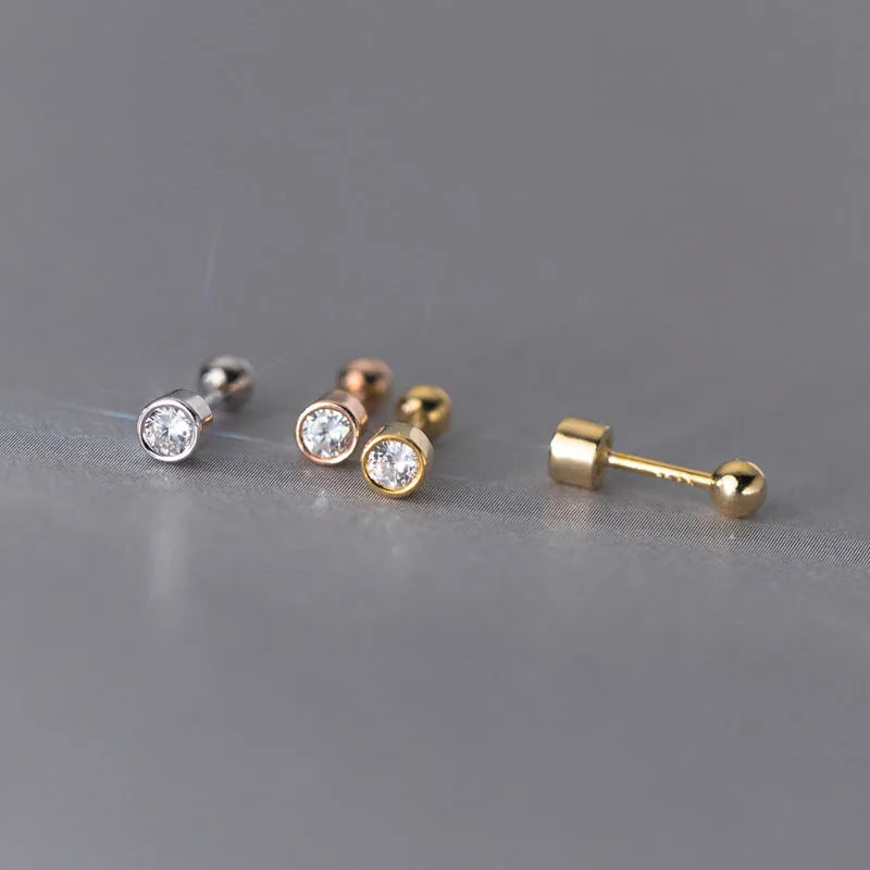 Fashion 925 Sterling Silver Single Zircon Round Screw Ball Stud Earrings for Women Party Jewelry Gifts