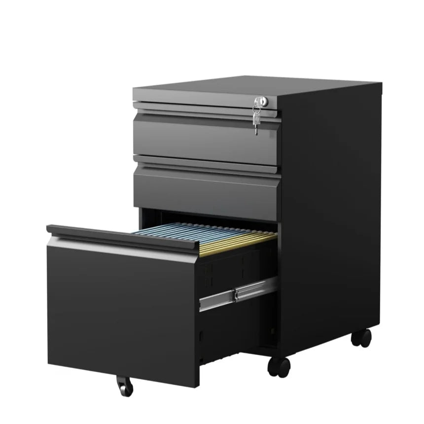 3 Drawer Mobile File Cabinet Pedestal with Lock & Wheels Under Desk Metal Filing Cabinet for Letter & A4 Office Storage