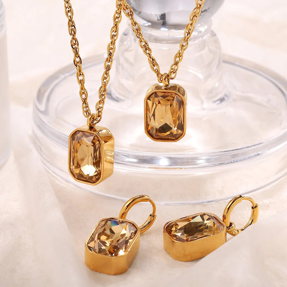 Stainless Steel Chain Collar Square Glass Stone Pendant Earrings Necklace Set Shiny Champagne Pendant Necklace for Women