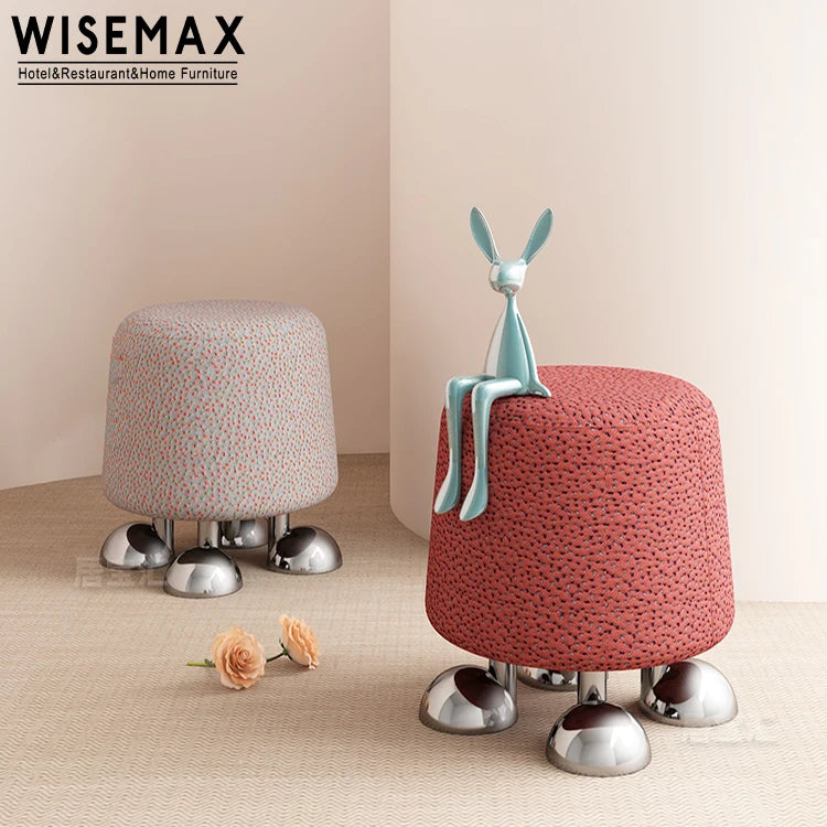 WISEMAX FURNITURE Nordic Living Room Furniture Round Strawberry Shape Stool Linen Fabric Small Ottomans with 4 Legs