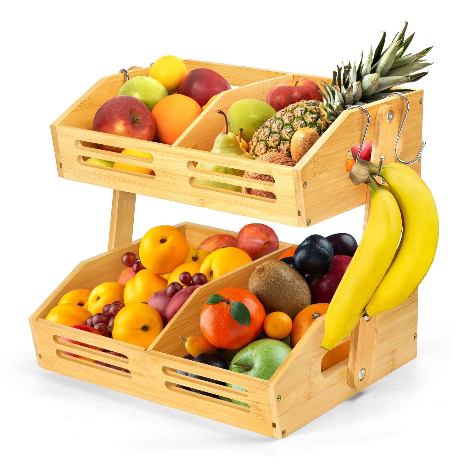 2 Tier Bamboo Fruit Basket Fruit and Vegetable Storage Bowl Stand Holder Large Storage Capacity Tiered Shelf for Kitchen Counter
