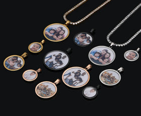 Wholesale Hip Hop Stainless Steel Round Photo Pendant Necklace DIY Jewelry Photo Frame Pendant Men's Necklace