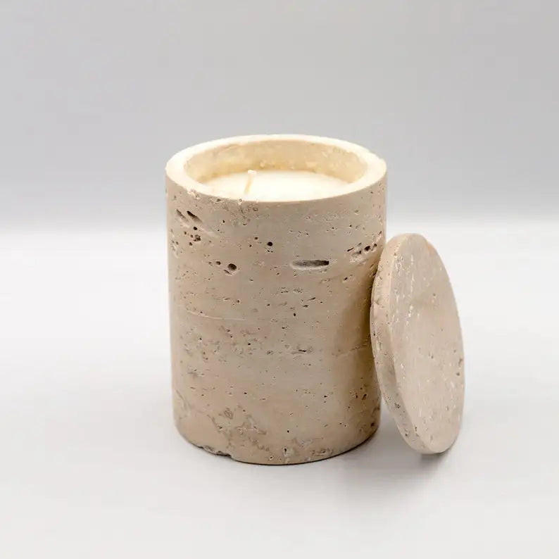 Empty Natural Beige Stone Travertine Candle Jar Kitchen Salt Storage Canister Jar with Lid