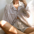 Enyami Custom Brand Logo Chic Loose 100% Cotton Leisure Khaki Striped Long Sleeve Blouses Tops Shorts Women 2 Piece Co Ord Sets