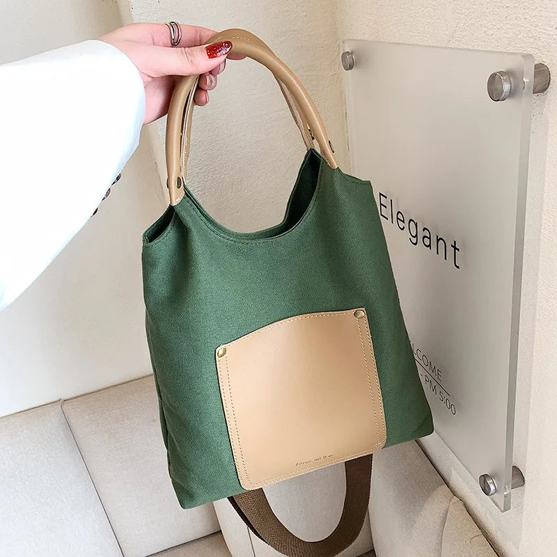 Custom logo Large Capacity Female New Canvas Match PU Leather Countercolor Hand Bill Shoulder Bag Student Crossbody Bag