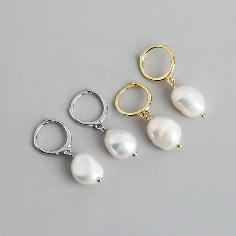 Vintage S925 Sterling Silver Gold Plated Drop Earrings Compact Natural Baroque Freshwater Pearl for Parties and Weddings